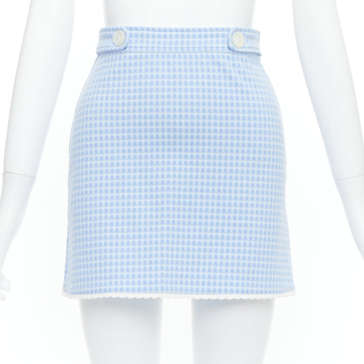 MIU MIU 2019 blue white gingham seersucker scallop trim buttons mini skirt XS