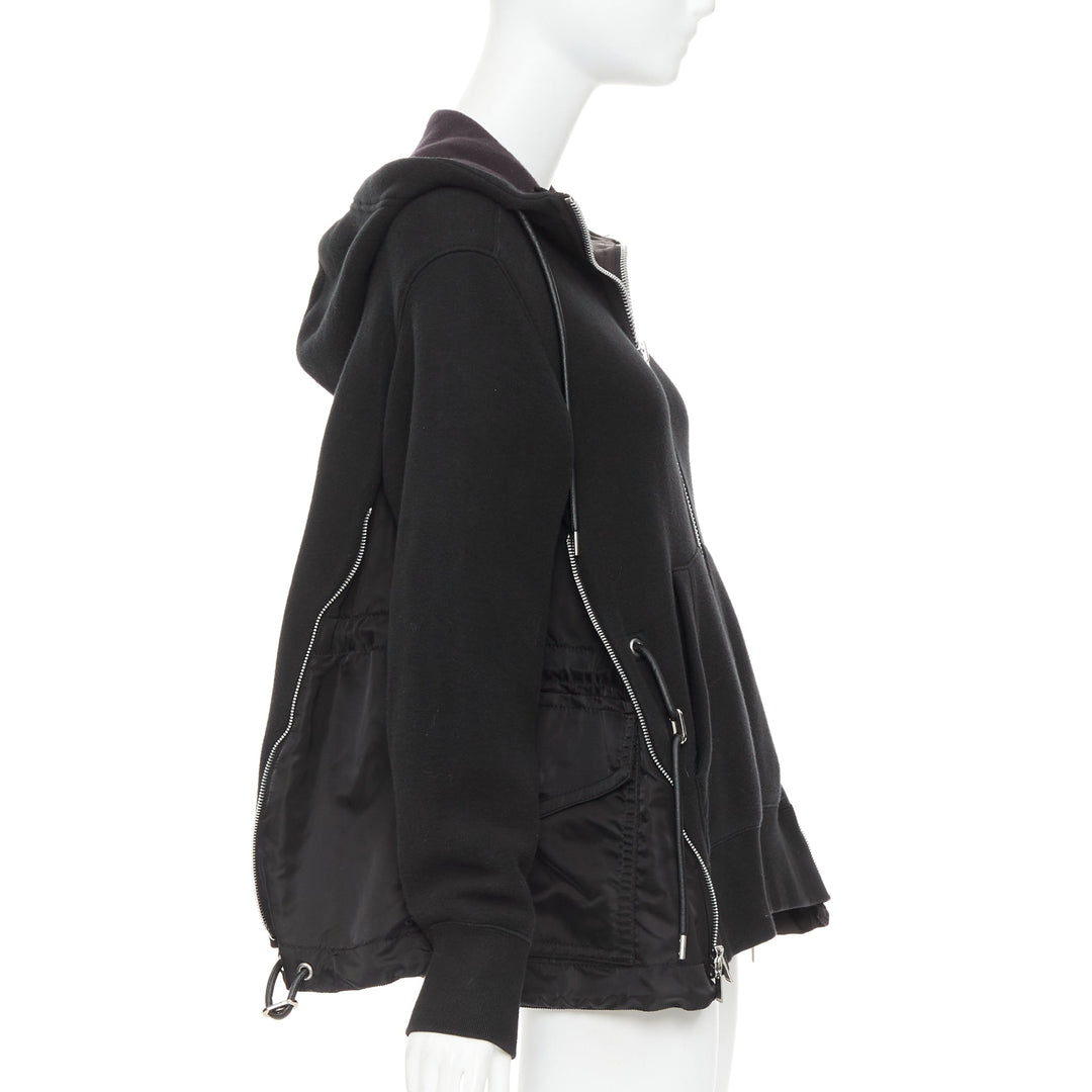 SACAI 2019 black cotton blend nylon side zip deconstructed hybrid hoodie JP2 M