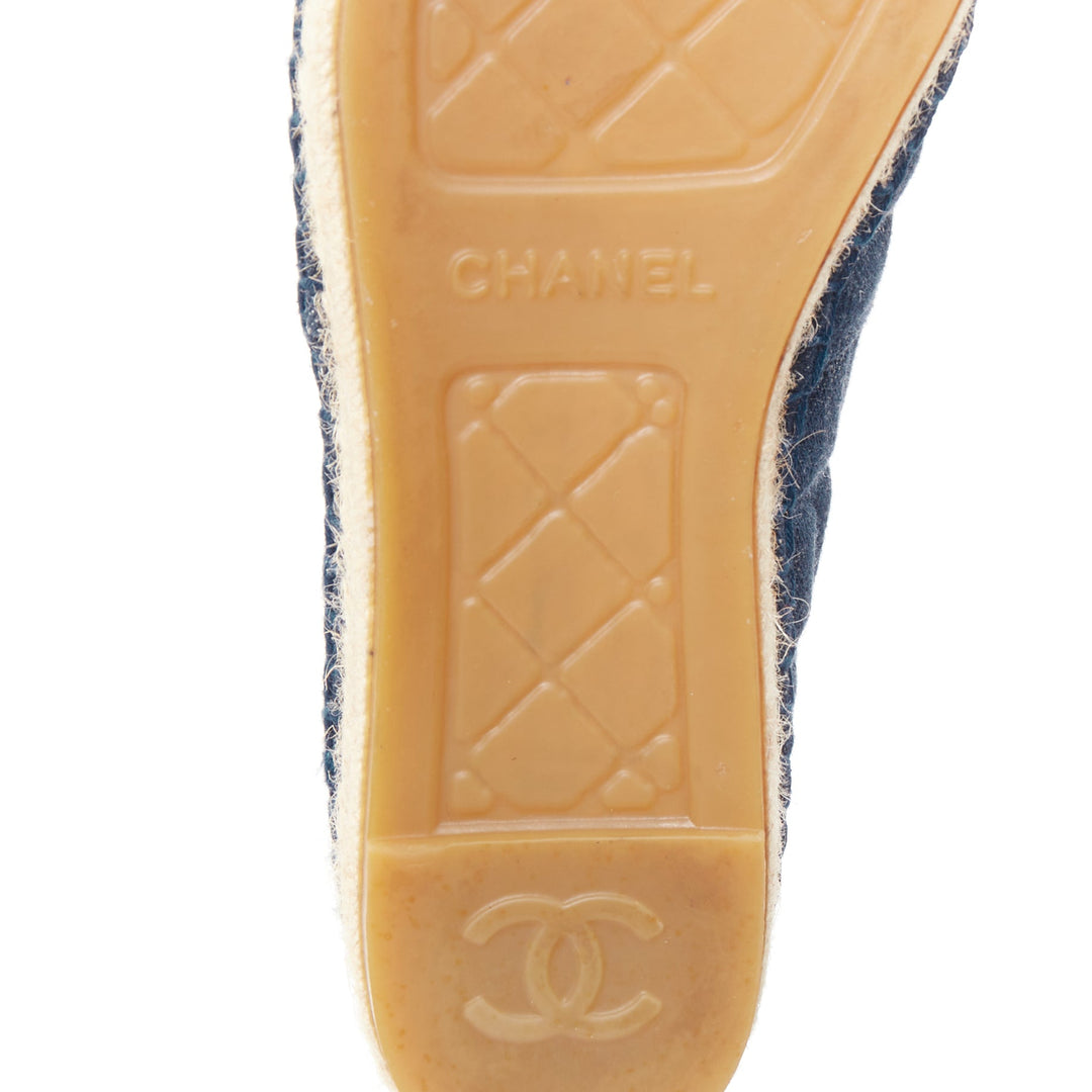 CHANEL 2016 blue embossed denim animal pattern quilted CC espadrilles shoes EU39
