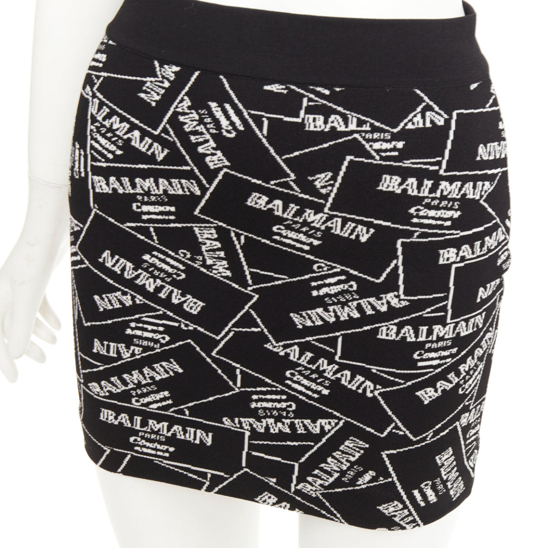 BALMAIN 2025 Label Jacquard Knit black white logo box intarsia skirt FR34 XS
