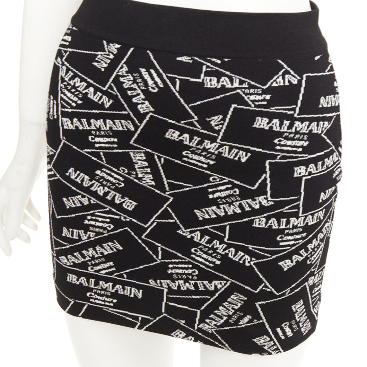 BALMAIN 2025 Label Jacquard Knit black white logo box intarsia skirt FR34 XS