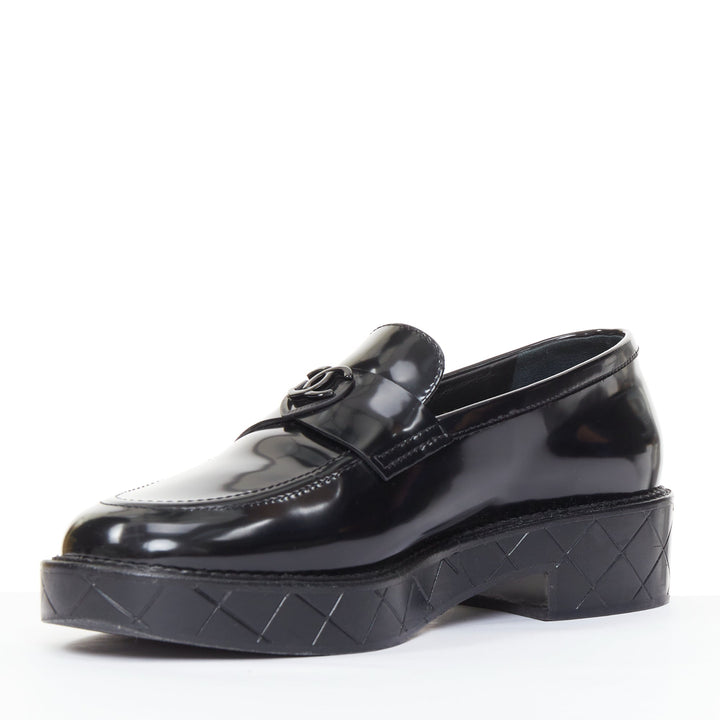 CHANEL 24K Heart CC black  leather quilted platform penny loafers shoes EU39.5