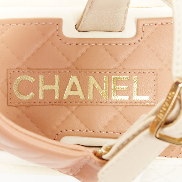 CHANEL 2023 white quilted canvas CC logo flatform strappy dad sandals EU38