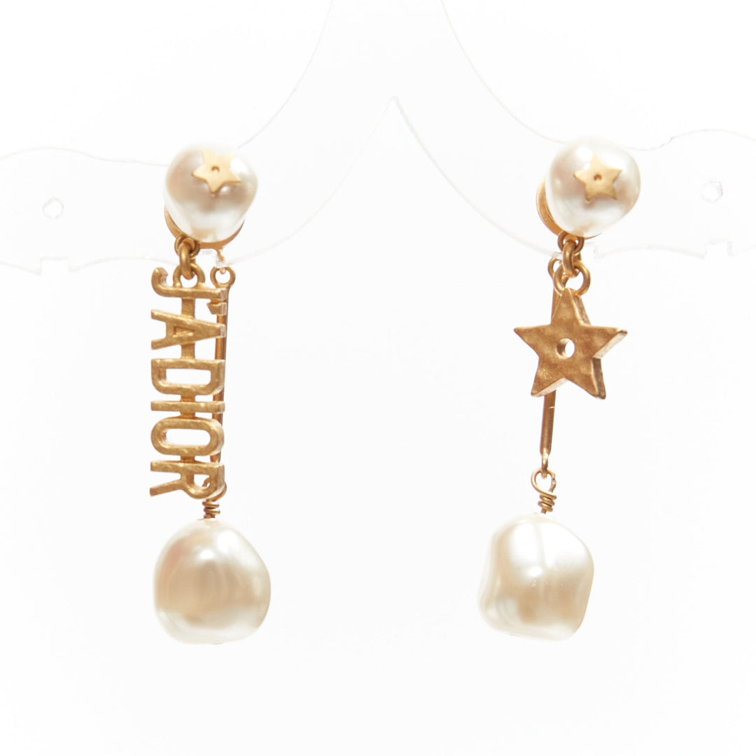 DIOR Tribale J'adior gold pearl logo drop star pin asymmetric stud earrings pair