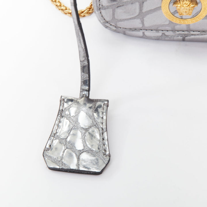 VERSACE 2018 Icon Medusa padlock metallic silver scaled leather crossbody bag