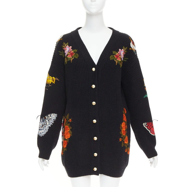 GUCCI Michele L'avengle Par Amour black wool embroidery patch pearl cardigan S