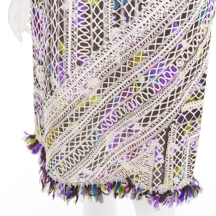 OSCAR DE LA RENTA Runway purple white silk embroidery anglais fringe dress US6 M