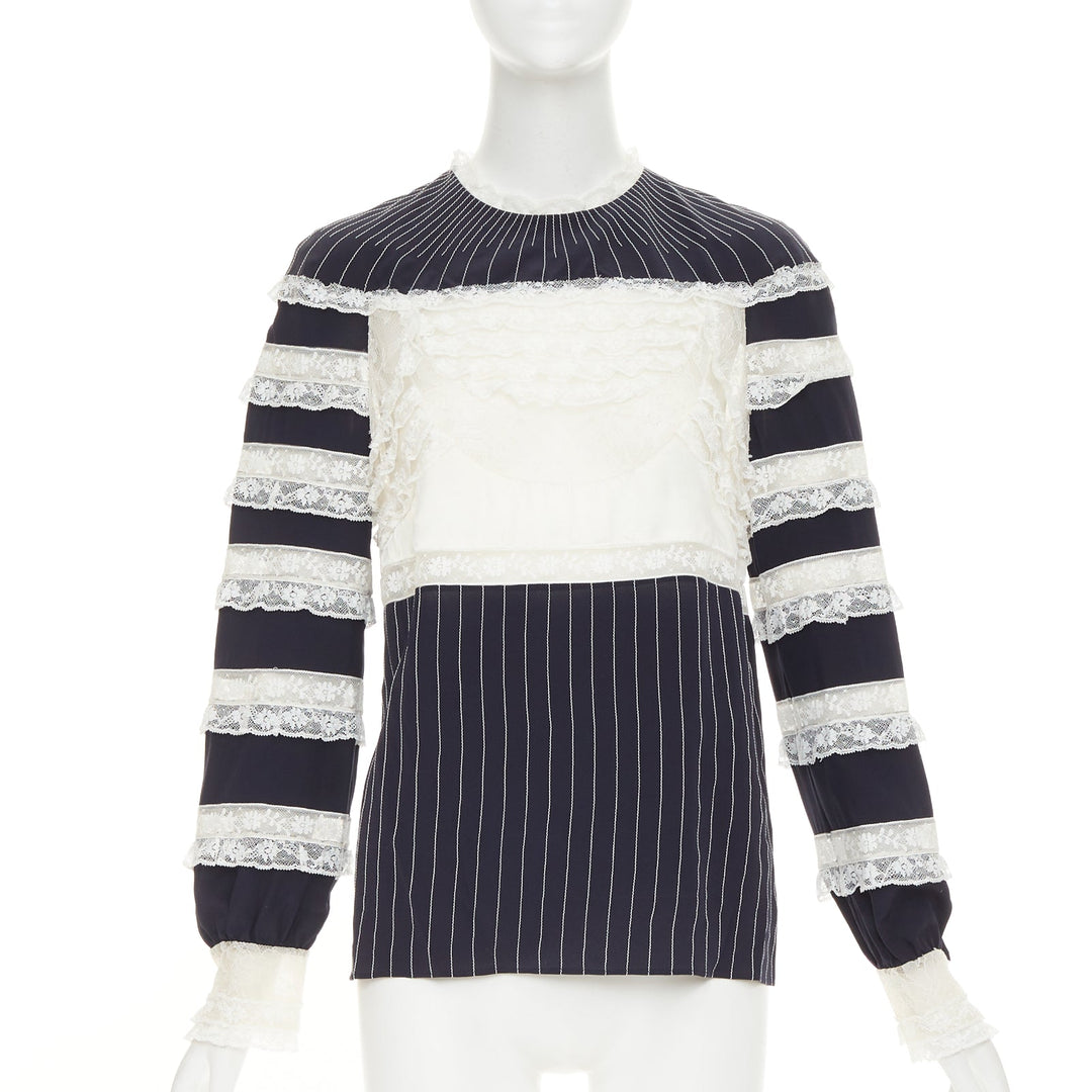 VALENTINO 2015 navy cream 100% silk pinstripe floral lace panelled top IT42 M