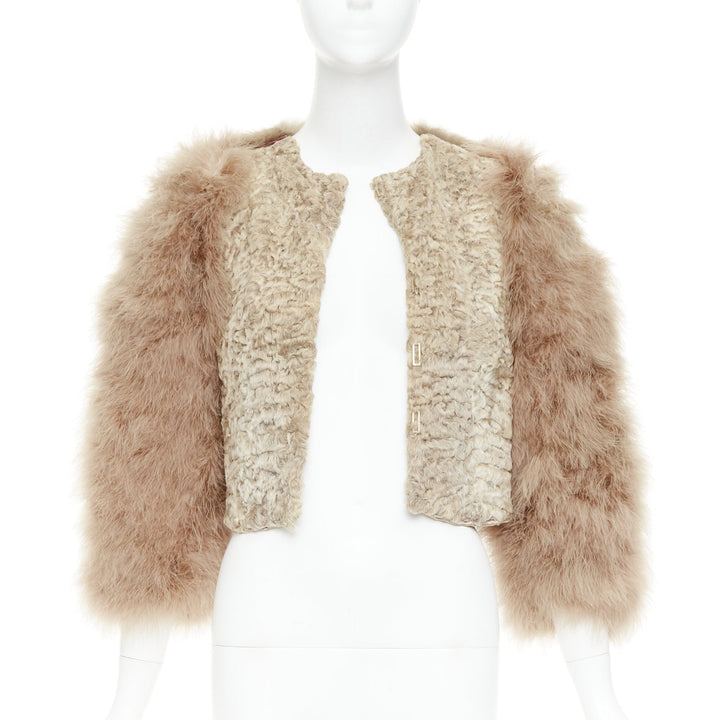 rare GIVENCHY beige Astrakan fur feather sleeves cropped bolero jacket