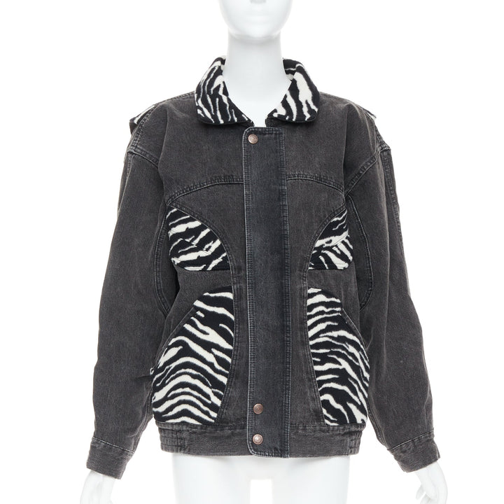 CELINE Hedi Slimane black white zebra wool patch denim jacket S