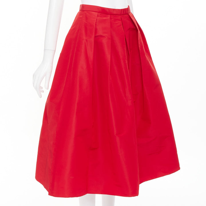 TIBI red 100% silk taffeta pleated high waist A-line flared midi skirt US 2 S