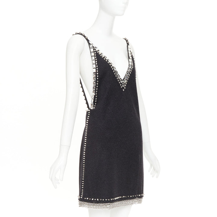 rare MIU MIU 2021 Runway charcoal wool crystal stud chainmail slip dress IT38 XS