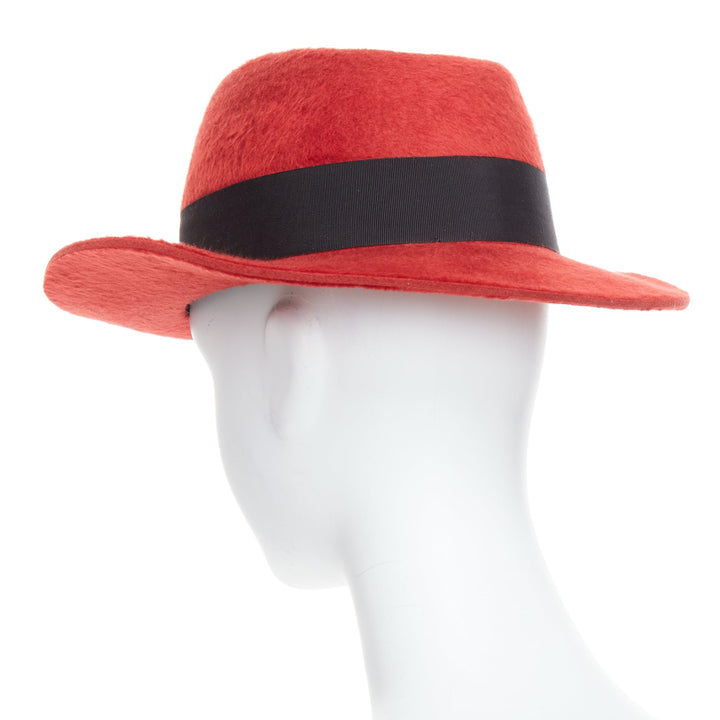 SAINT LAURENT red rabbit felt black grosgrain leather lined fedora hat