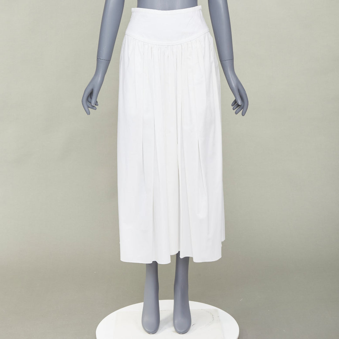 HERMES white cotton linen pleated drop waist casual flared midi skirt FR34 XS