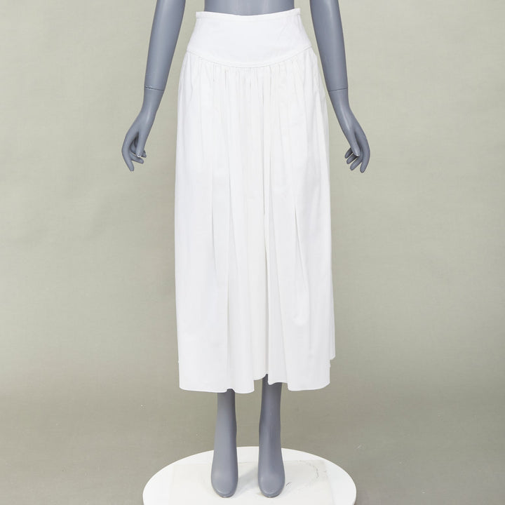 HERMES white cotton linen pleated drop waist casual flared midi skirt FR34 XS