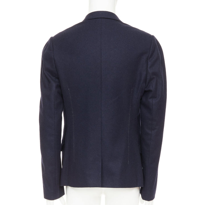 LANVIN navy wool overstitch seams notched lapel single breasted blazer EU52 XL