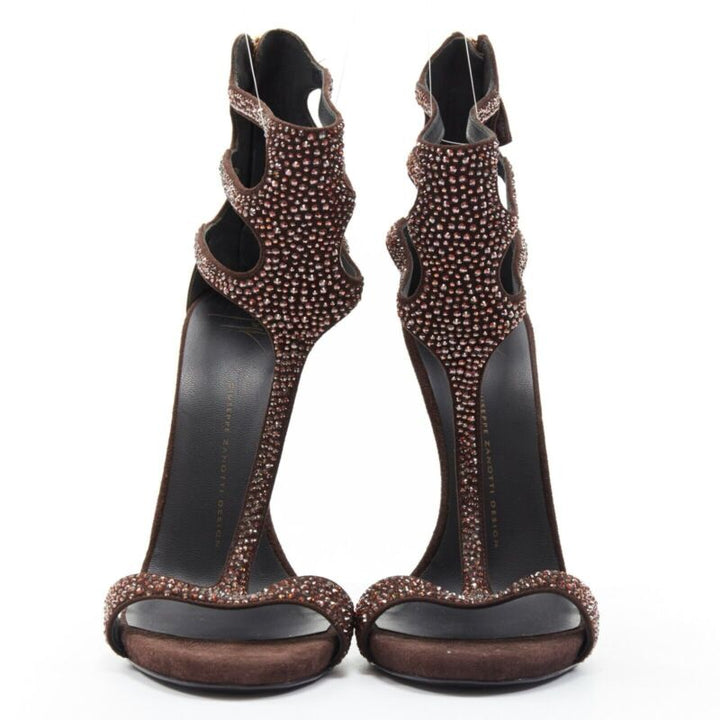 GIUSEPPE ZANOTTI brown crystal strass T-strap curved heel sandal EU40.5
