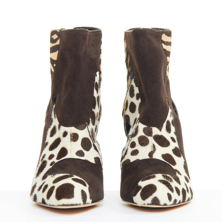 BRIAN ATWOOD Camoscio brown suede calf hair multi animal cut out booties EU38.5