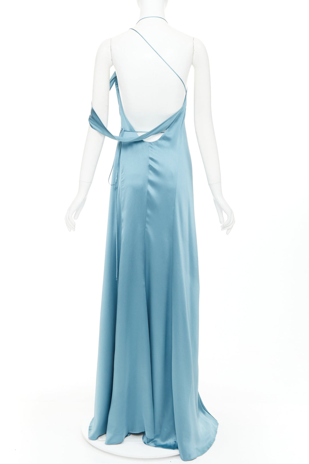 MICHELLE MASON teal blue 100% silk strappy cowl wrap high slit gown dress US4 S