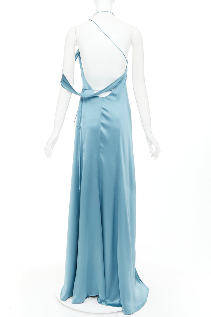 MICHELLE MASON teal blue 100% silk strappy cowl wrap high slit gown dress US4 S