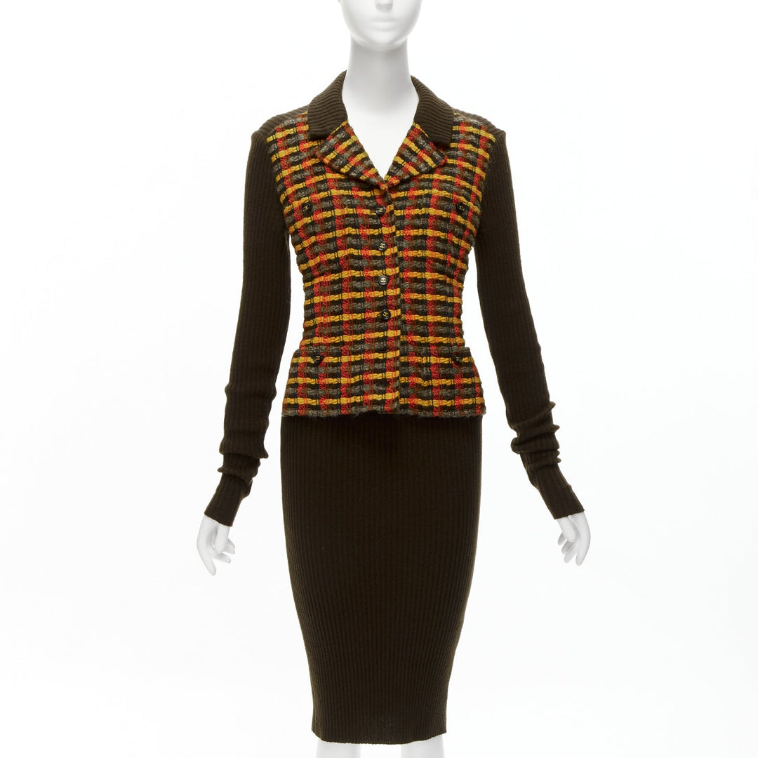 CHANEL 95A 100% cashmere brown yellow checked tweed vest layered dress FR36 S
