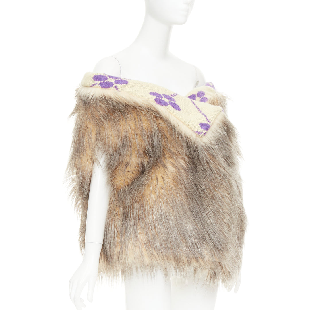 PRADA Raf Simons 2021 Runway brown fur purple floral jacquard clutch shawl IT38