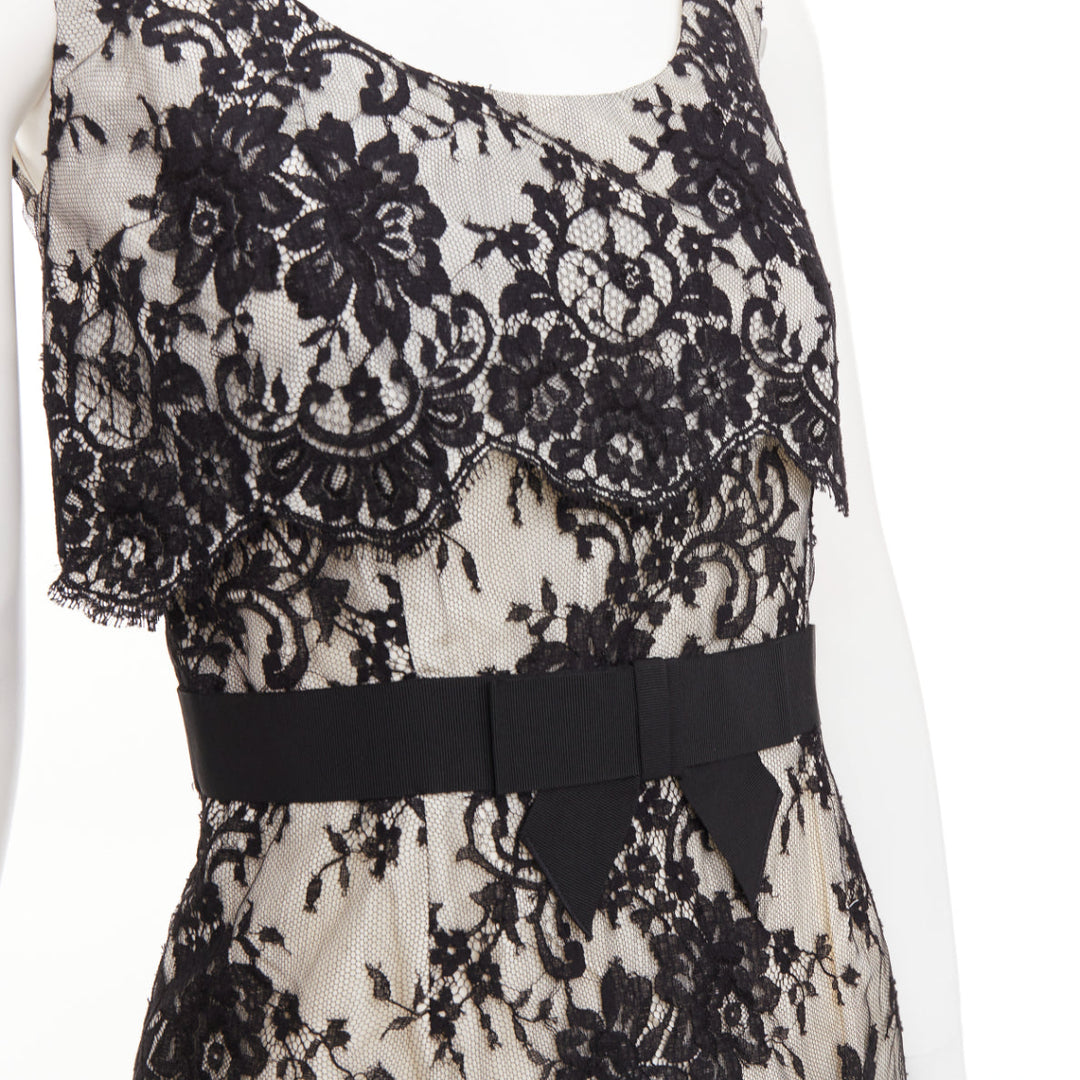 CHRISTIAN DIOR Vintage black floral lace pearl silk grosgrain bow dress FR36 S