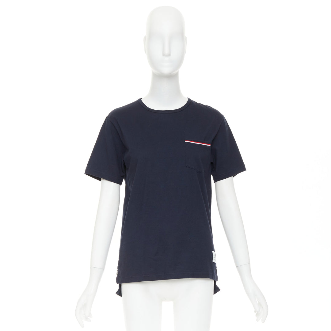 THOM BROWNE 2022 navy cotton RWB stripe trim short sleeve pocket tshirt Sz1 S