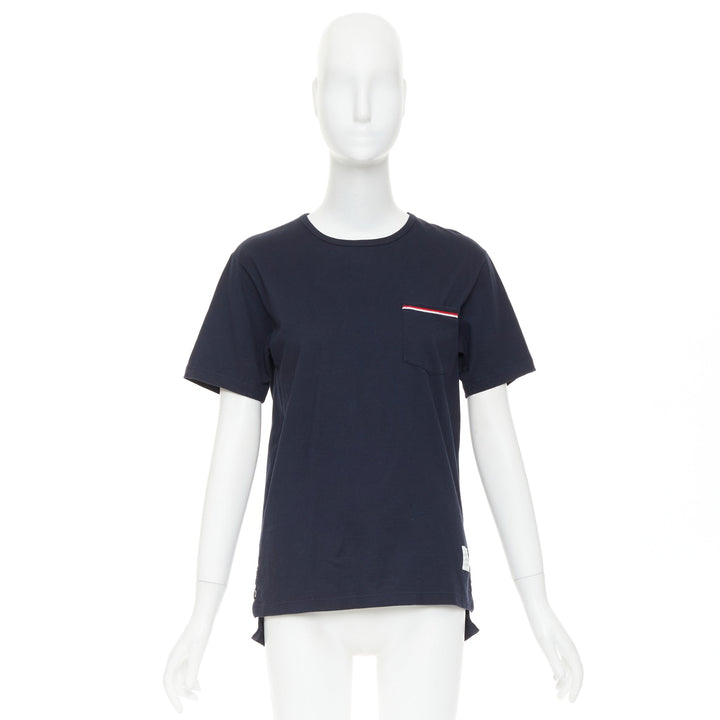 THOM BROWNE 2022 navy cotton RWB stripe trim short sleeve pocket tshirt Sz1 S