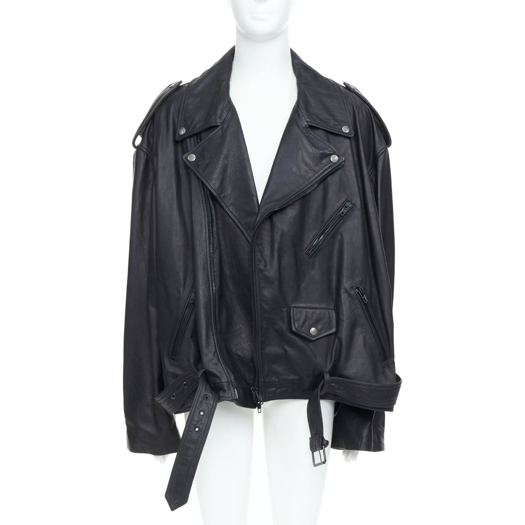 BALENCIAGA 2024 Demna black super oversized cowhide leather moto biker jacket L