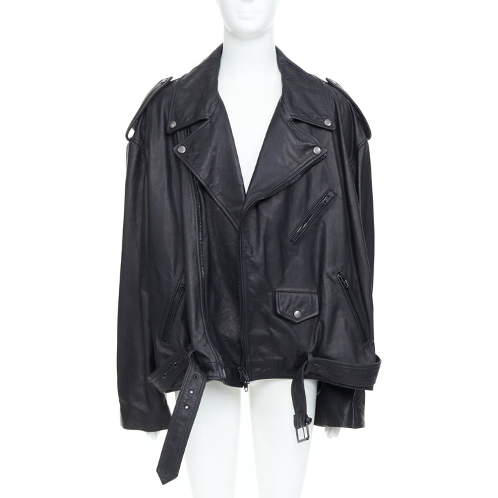 BALENCIAGA 2024 Demna black super oversized cowhide leather moto biker jacket L