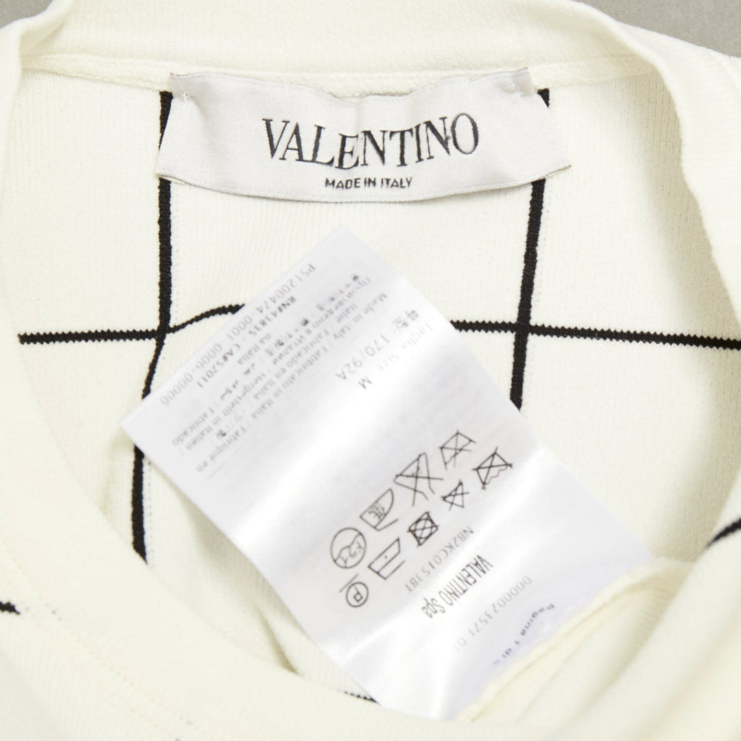 VALENTINO white black viscose blend grid check crew neck pullover knit top M