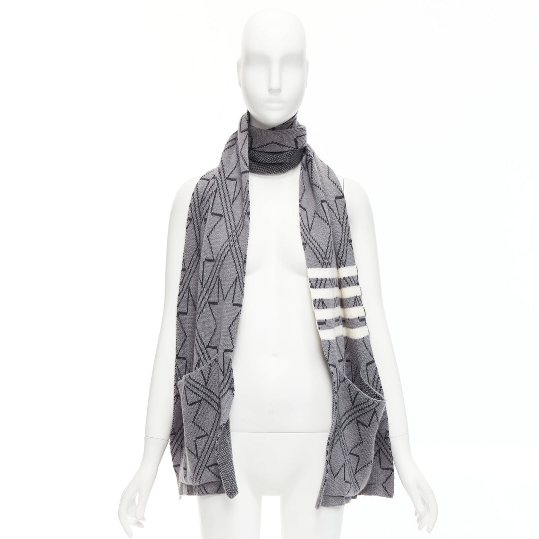 THOM BROWNE grey black graphic star 4 bar stripes pocketed long scarf
