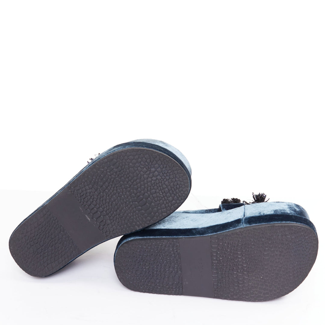 BIYAN blue velvet black beads sequin embellished platform wedges shoes EU39