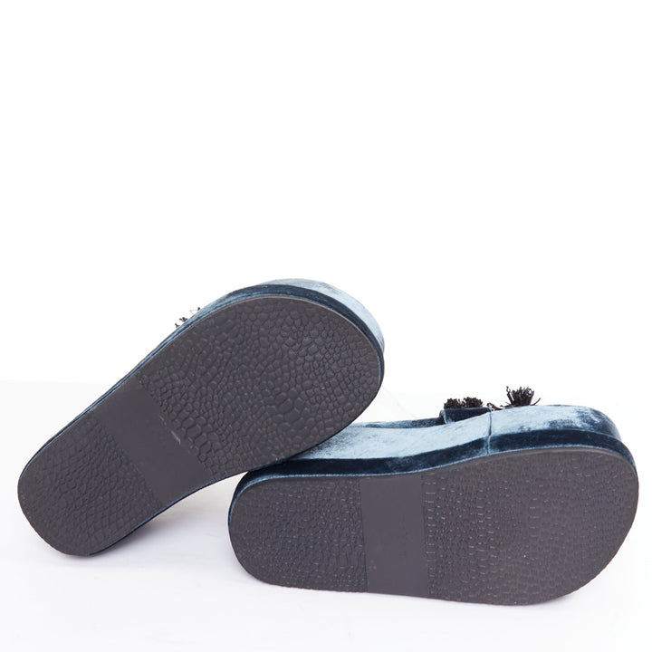 BIYAN blue velvet black beads sequin embellished platform wedges shoes EU39