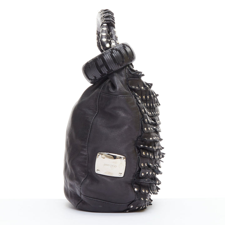 JIMMY CHOO Sky black studded suede fringe cuff strap hobo bag