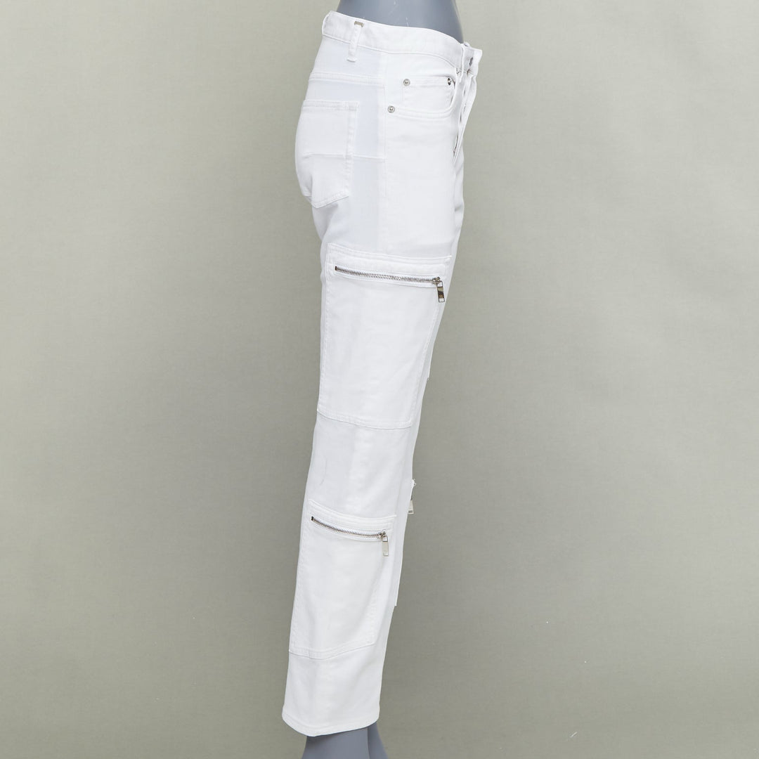 DIOR HOMME white cotton blend silver zip cargo pockets straight jeans 29"