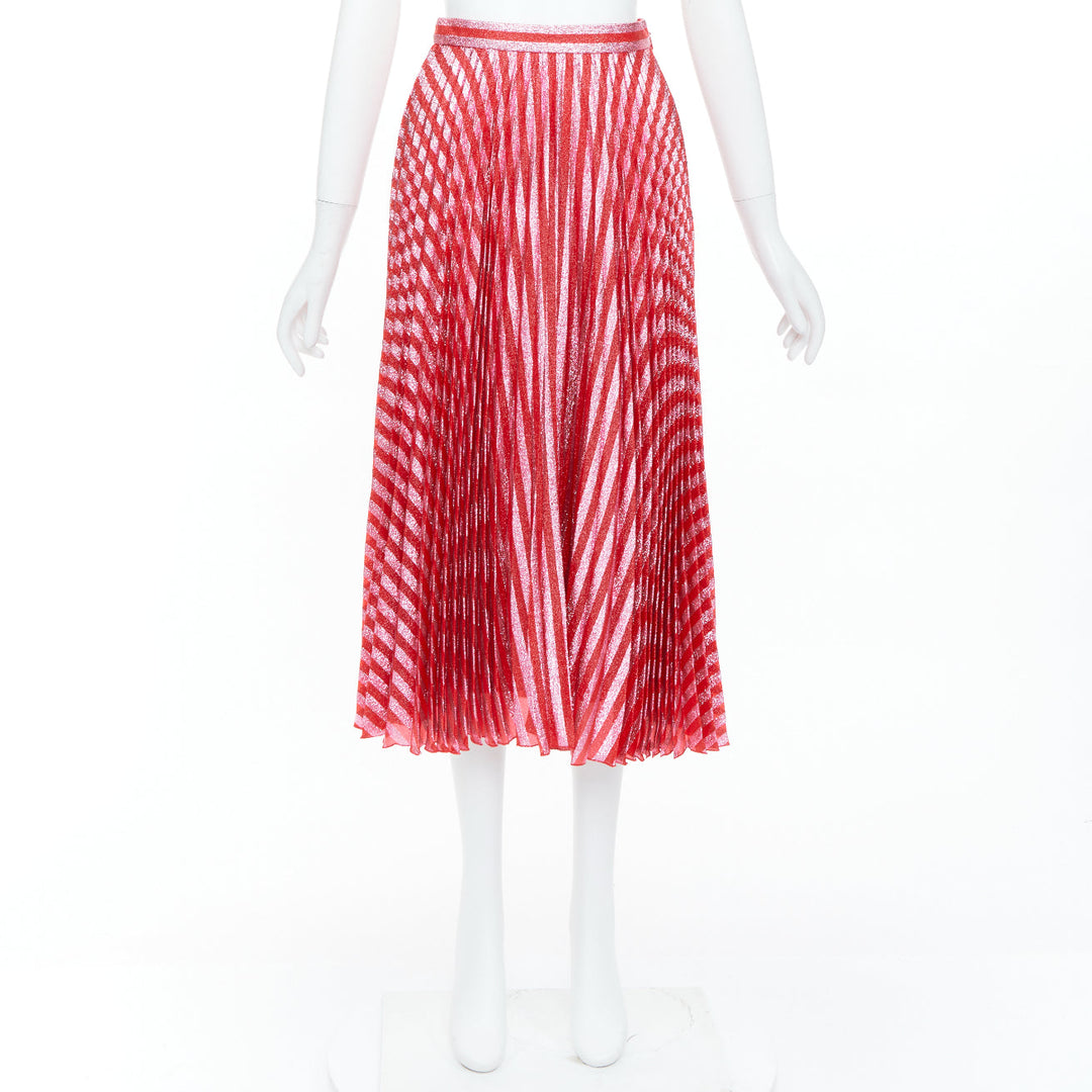 GUCCI 2015 Runway red pink chevron stripe lurex silk pleated midi skirt IT36 XXS