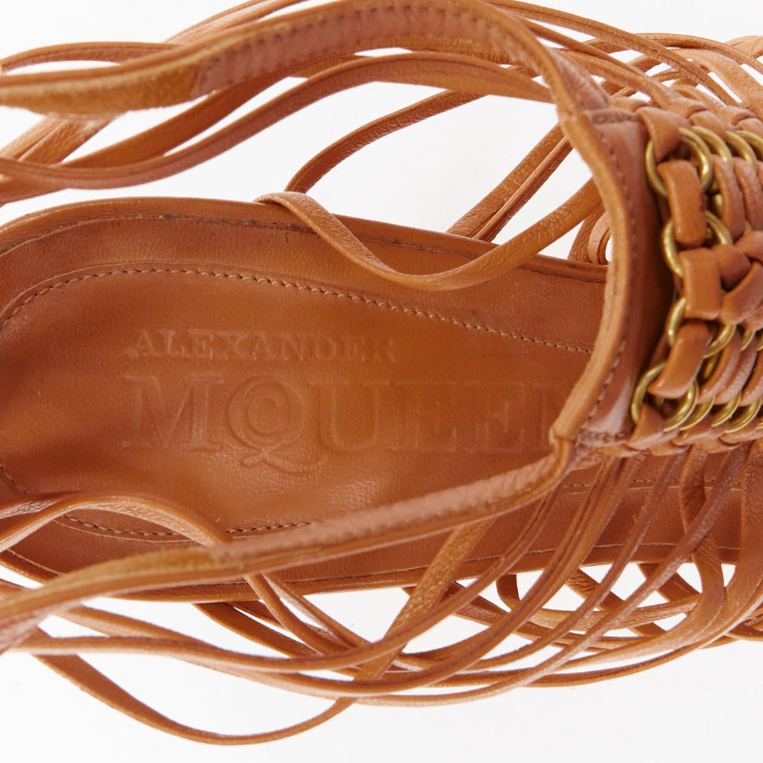 ALEXANDER MCQUEEN beige braided rings wooden curved heels platform sandal EU37.5