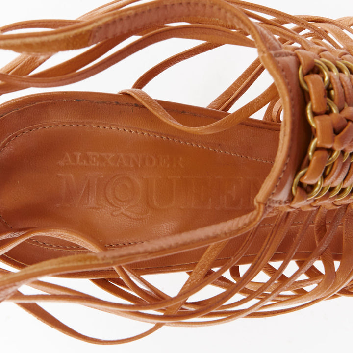 ALEXANDER MCQUEEN beige braided rings wooden curved heels platform sandal EU37.5