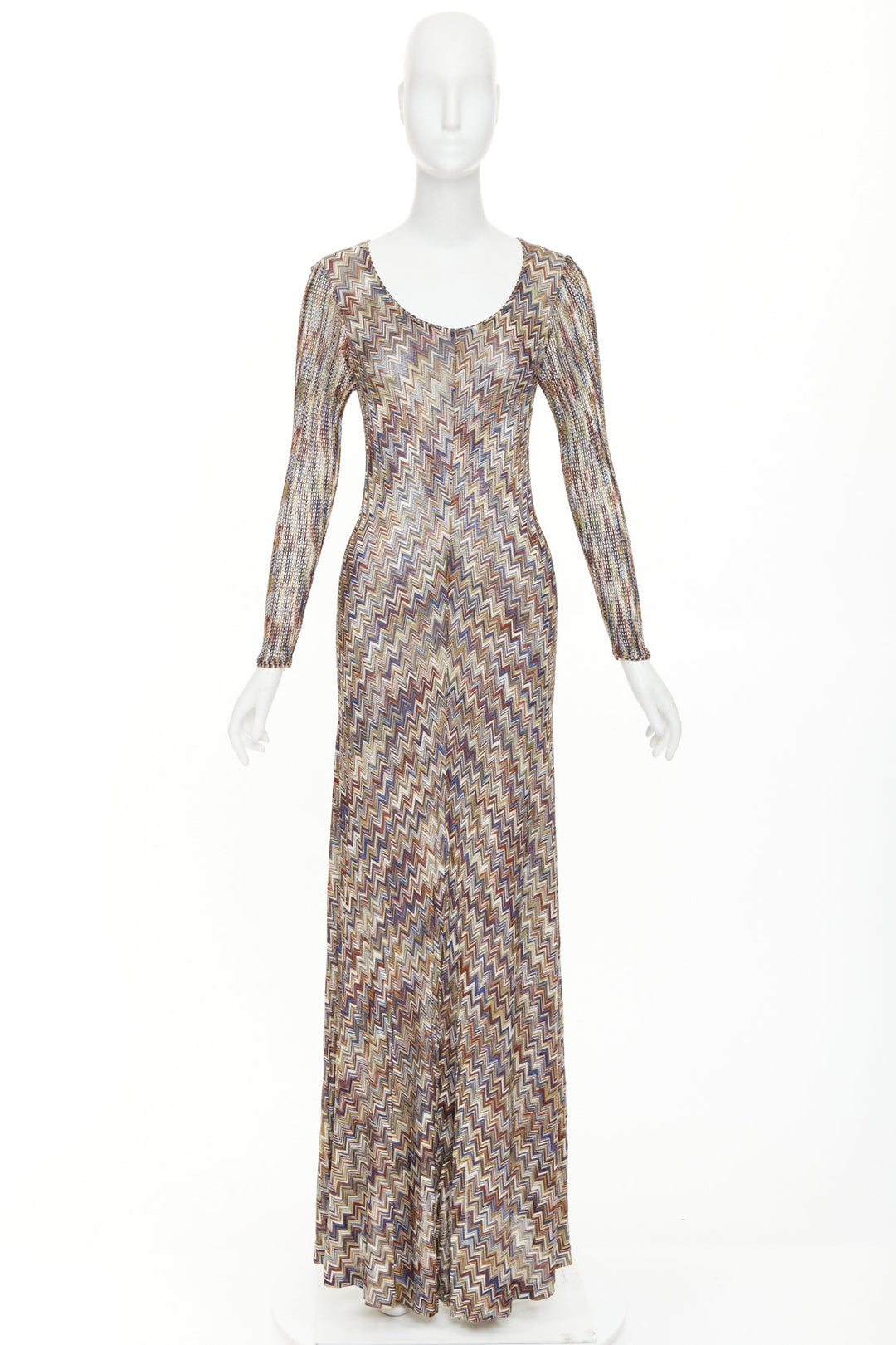 MISSONI multicolor lurex metallic chevron zigzag knit scoop maxi dress IT42 M