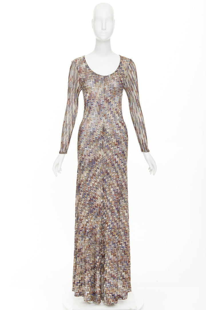 MISSONI multicolor lurex metallic chevron zigzag knit scoop maxi dress IT42 M