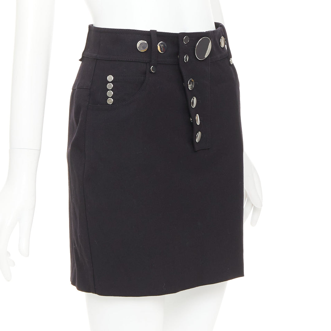 ALEXANDER WANG black virgin wool mirrored silver snap buttons skirt US2 S