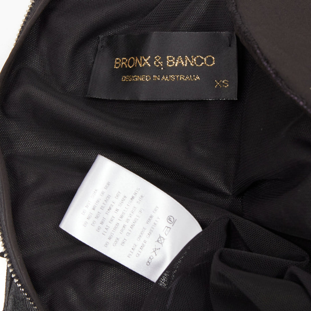 BRONX & BANCO black coated fabric puff shoulder drape skirt mini dress XS