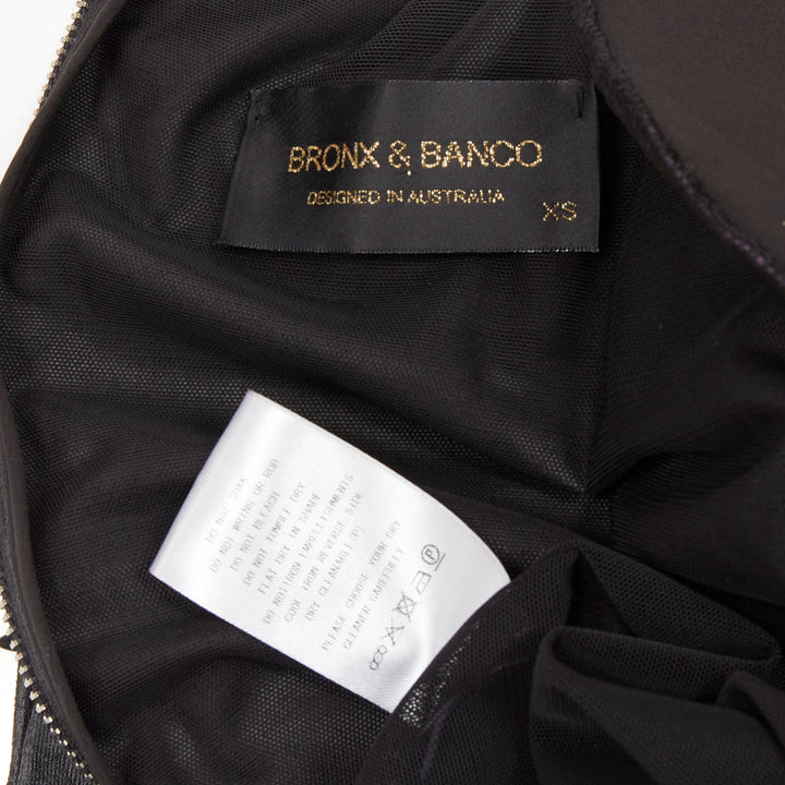 BRONX & BANCO black coated fabric puff shoulder drape skirt mini dress XS
