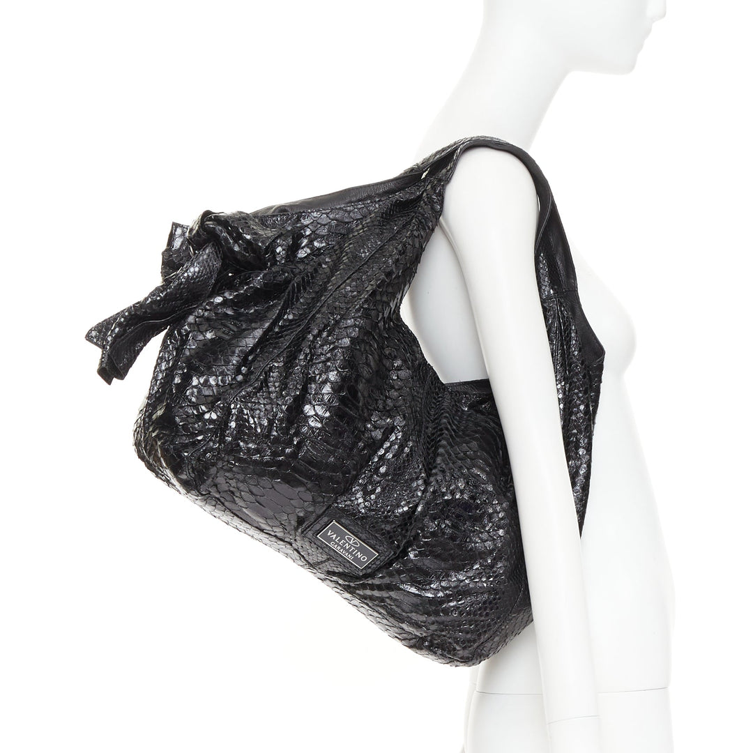 VALENTINO black shiny snakeskin leather bow side shoulder hobo bag