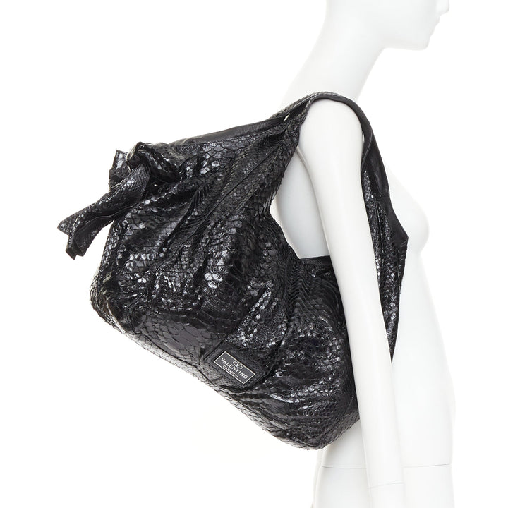 VALENTINO black shiny snakeskin leather bow side shoulder hobo bag