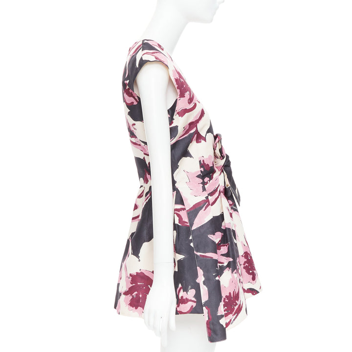 CHRISTIAN DIOR pink cream 100% silk abstract floral print tie waist dress FR38 M