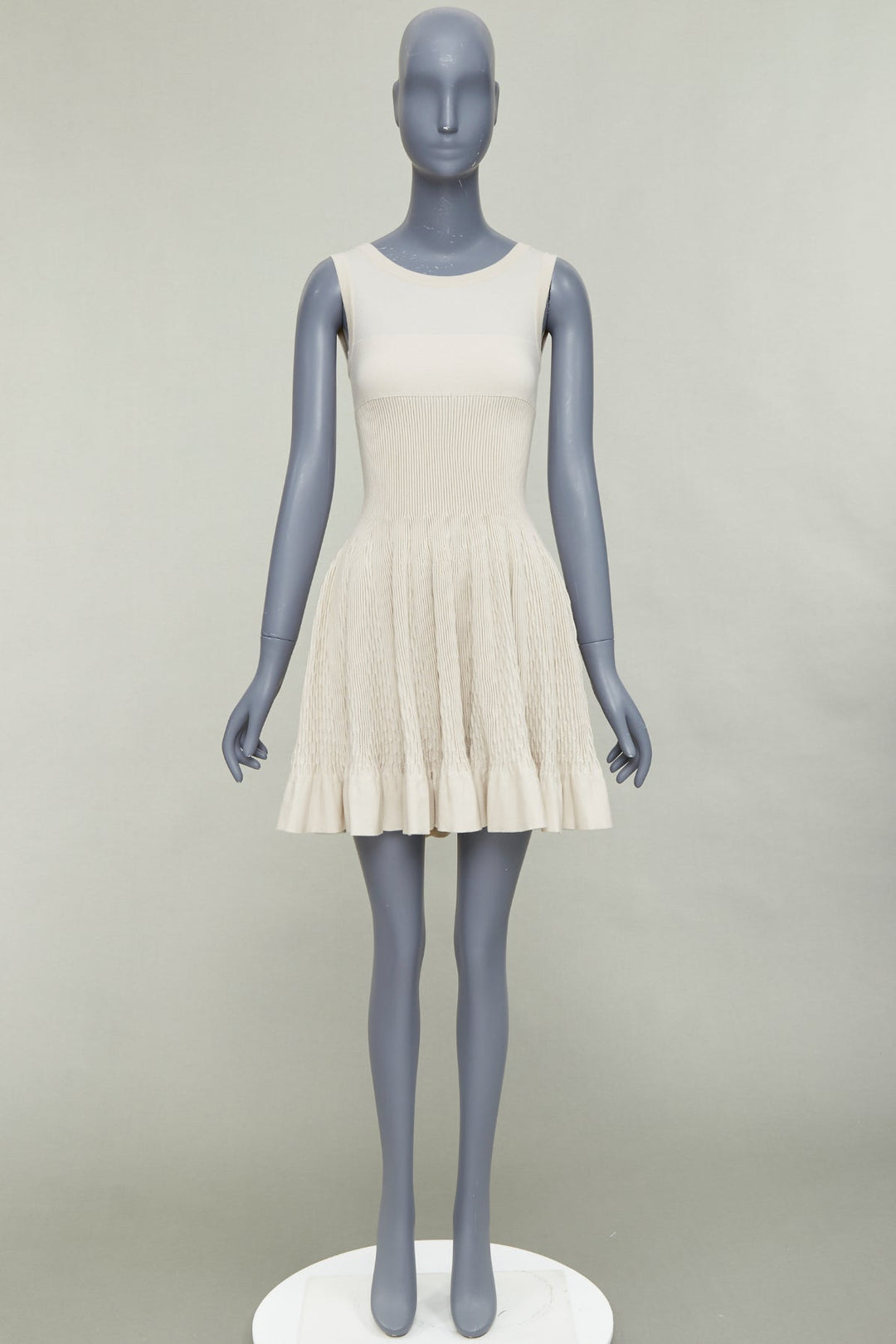 ALAIA ivory beige virgin wool contour waist sleeveless fit flare dress FR36 S