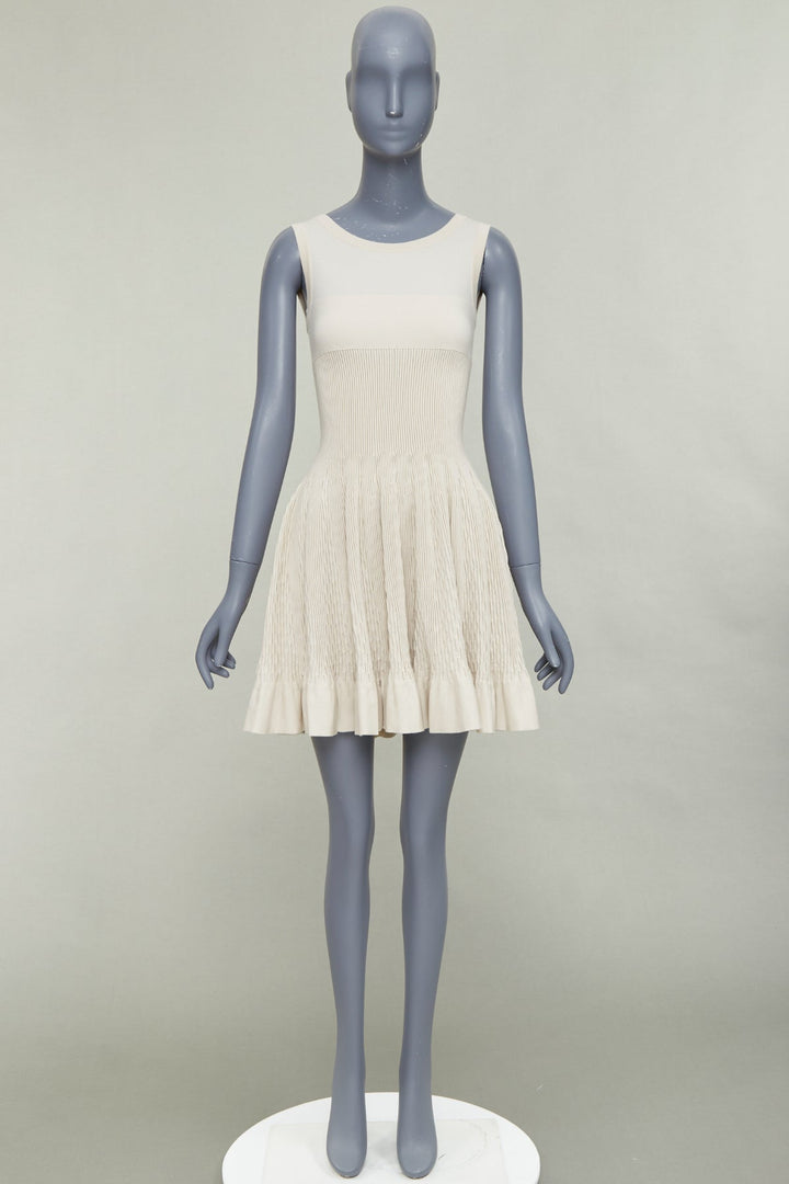 ALAIA ivory beige virgin wool contour waist sleeveless fit flare dress FR36 S